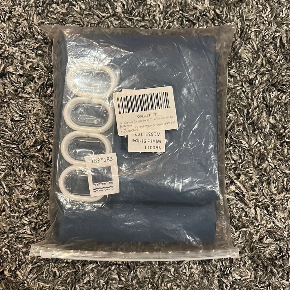 NEW shower curtain set with rings blue and white